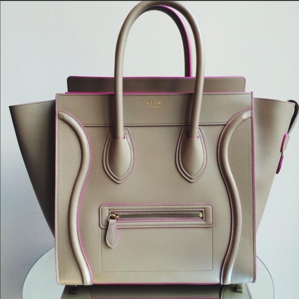 Celine Mini Luggage In Beige with Pink Trim